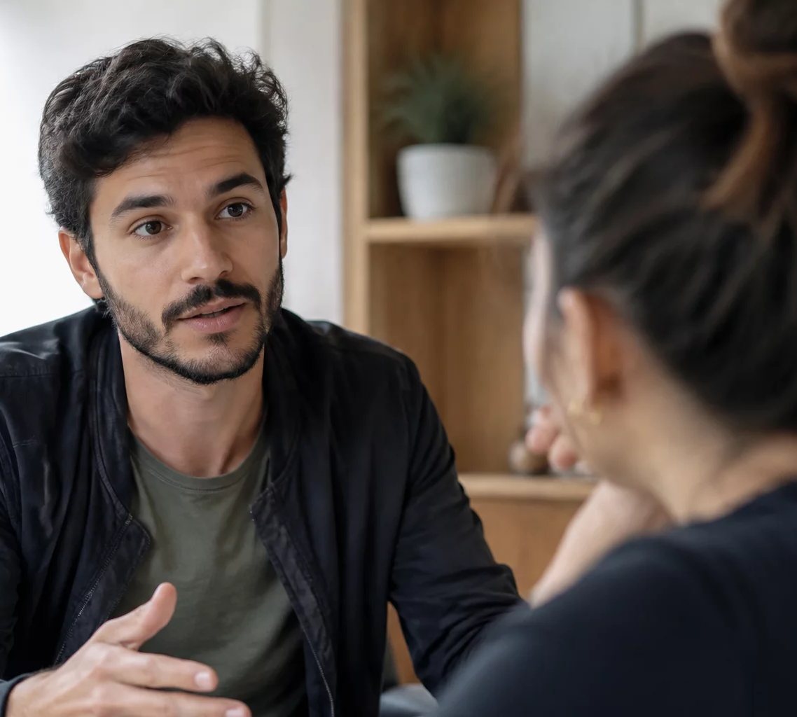 Participante de pé no meio da roda, com a folha de anotações na mão, sustentando um ponto