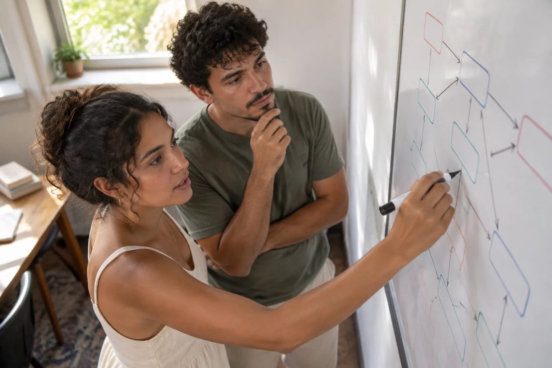 Dupla diante do quadro branco, com um argumento dividido em blocos